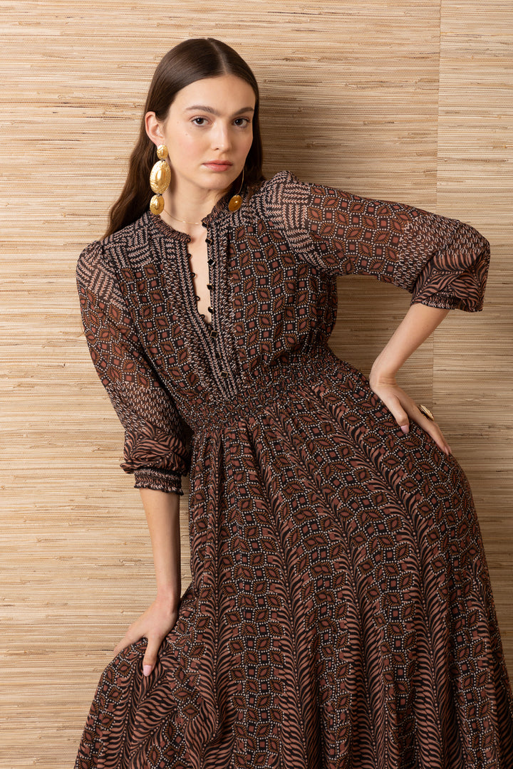 Hale Bob Blythe Long Sleeve Long Dress, brown geometric print, close-up detail of smocked waist and button placket