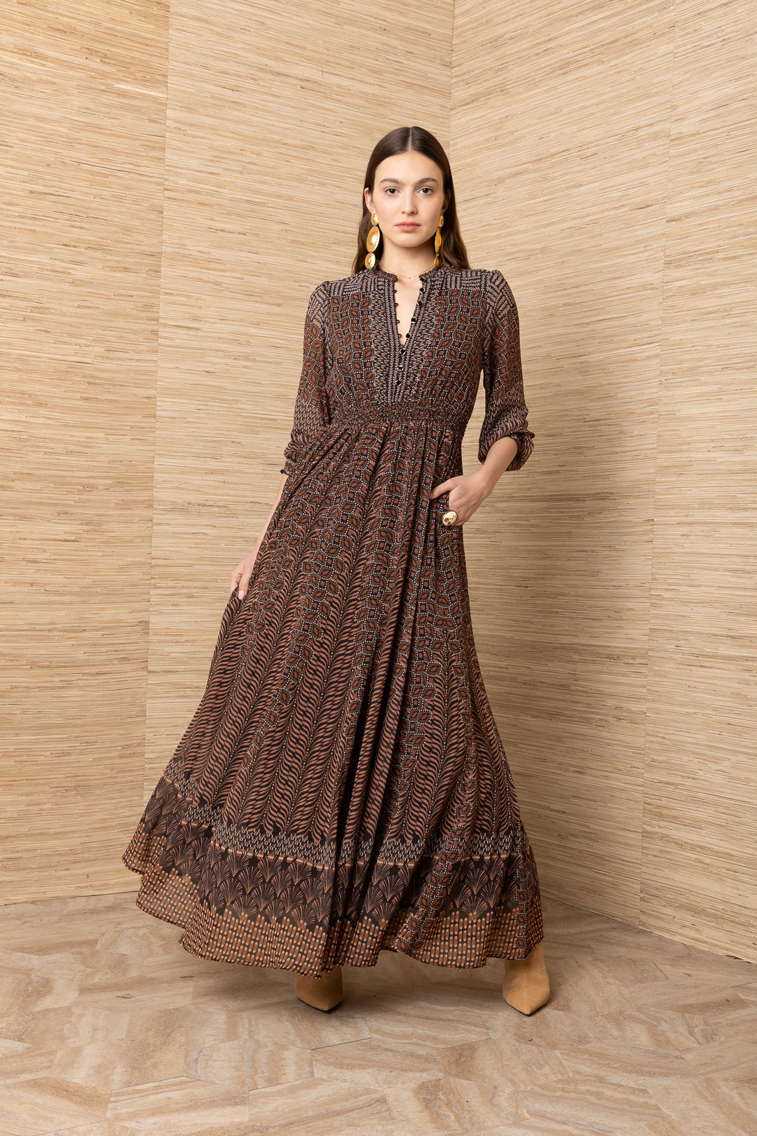 Hale Bob Blythe Long Sleeve Long Dress, brown geometric print, full-length front view