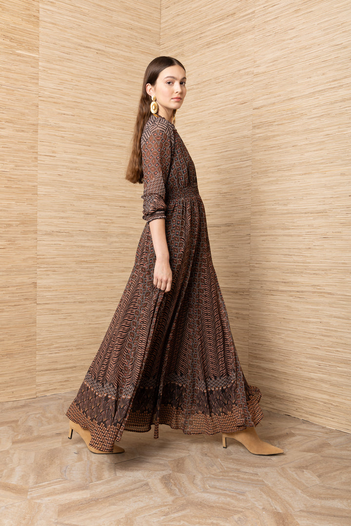Hale Bob Blythe Long Sleeve Long Dress, brown geometric print, full-length side/walking view
