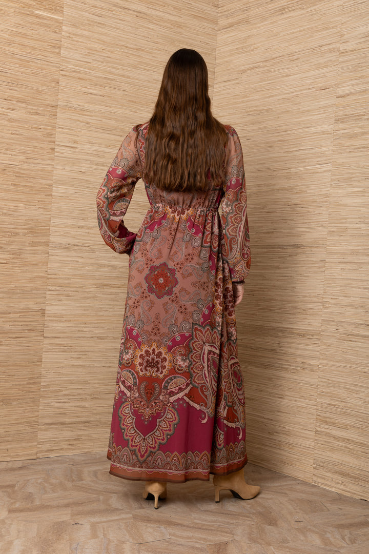 Hale Bob Georgina Long Sleeve Maxi Dress, pink multi paisley print, full-length back view