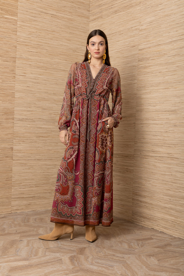Hale Bob Georgina Long Sleeve Maxi Dress, pink multi paisley print, full-length front view