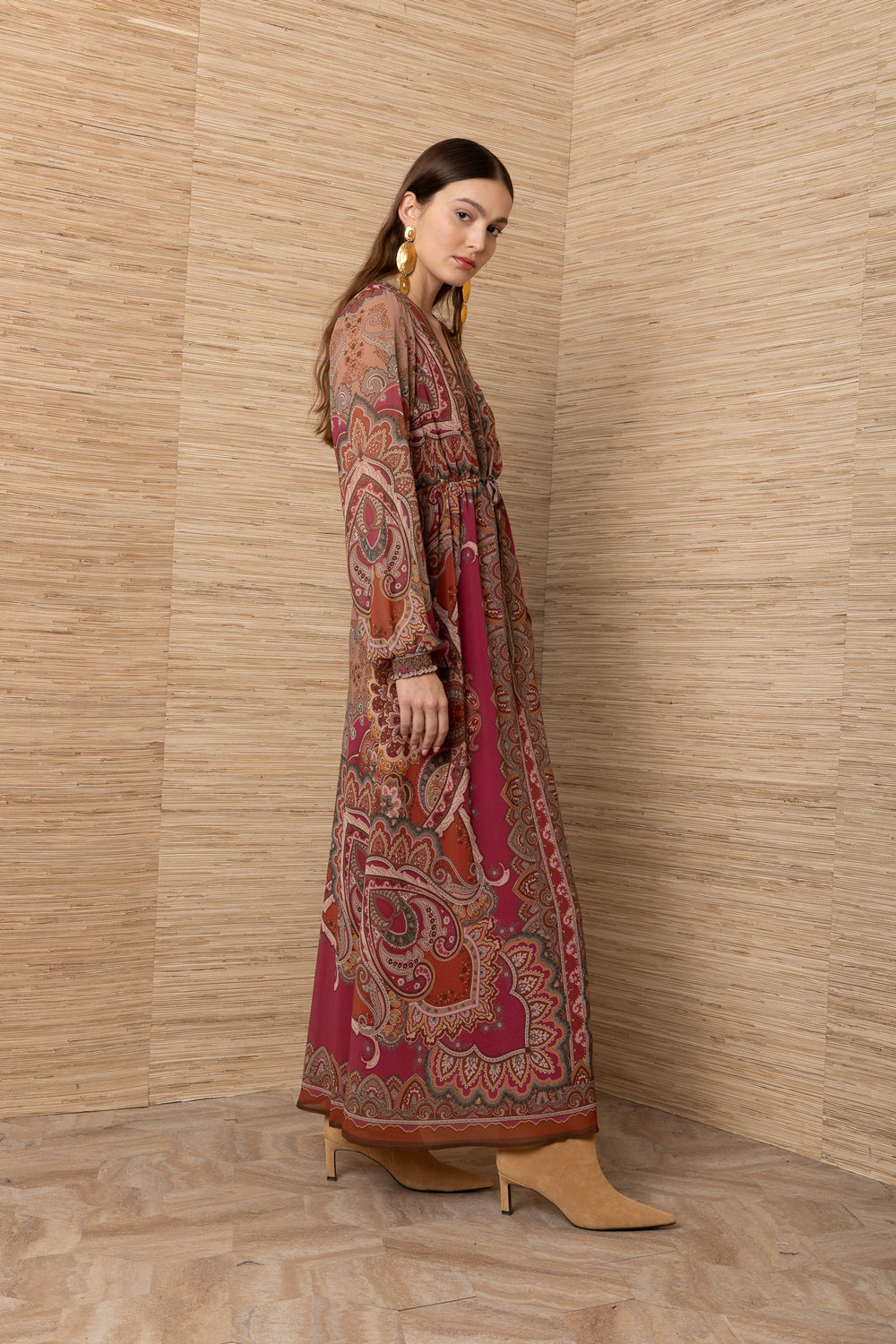 Hale Bob Georgina Long Sleeve Maxi Dress, pink multi paisley print, full-length side view