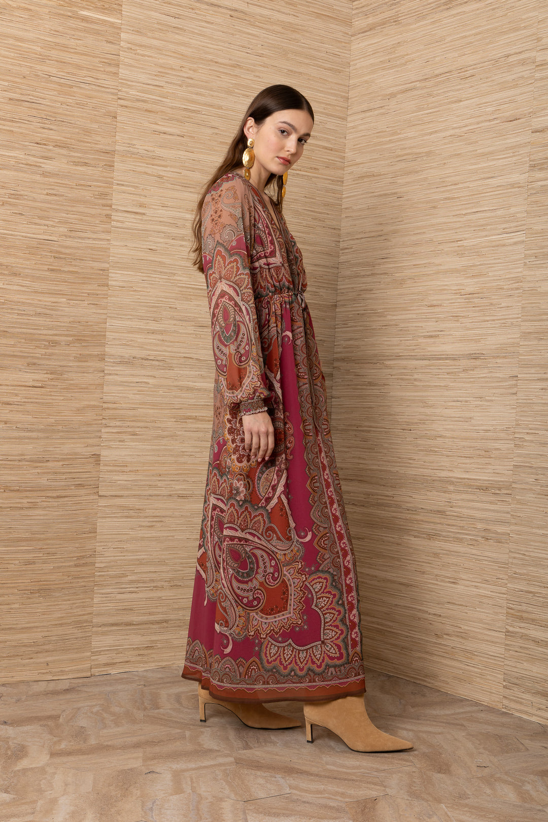 Hale Bob Georgina Long Sleeve Maxi Dress, pink multi paisley print, full-length side view
