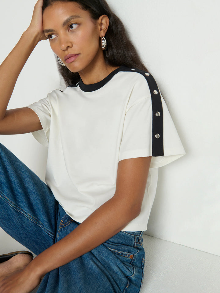 Nation Los Angeles Ada Button Tee in Porcelain Color Block, cropped boxy fit with button-front placket