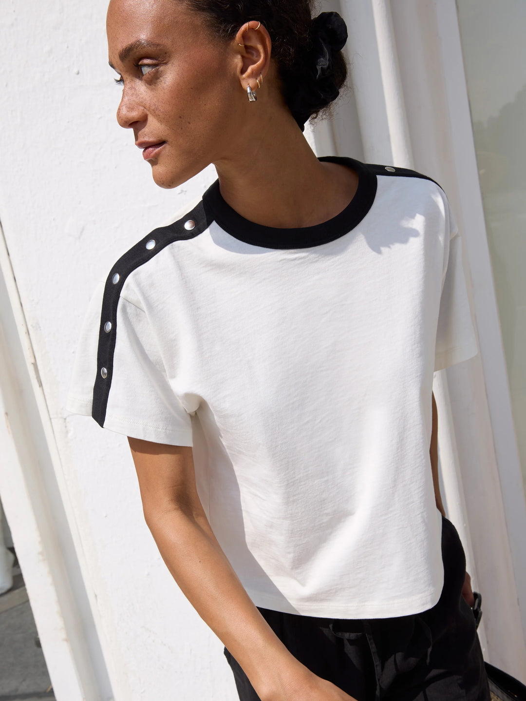 Nation Los Angeles Ada Button Tee in Porcelain Color Block, cropped boxy fit with button-front placket