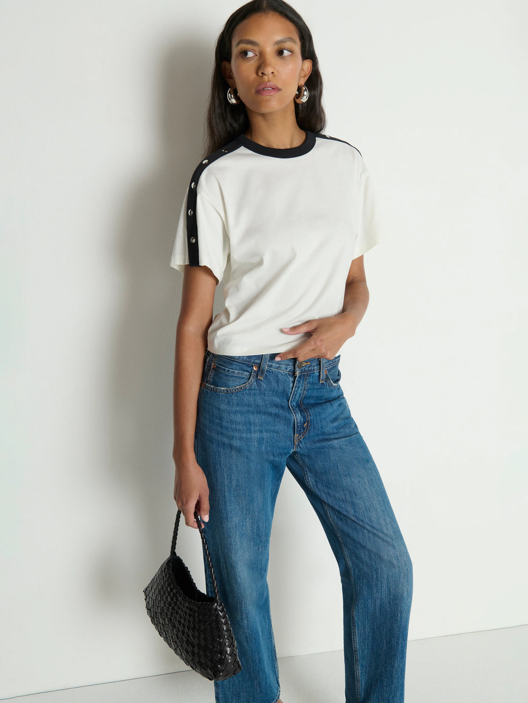Nation Los Angeles Ada Button Tee in Porcelain Color Block, cropped boxy fit with button-front placket