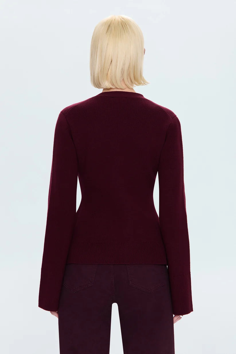 Pistola Aeron V-Neck Cardigan Sweater, back view, showing raglan sleeve seaming and fitted silhouette.