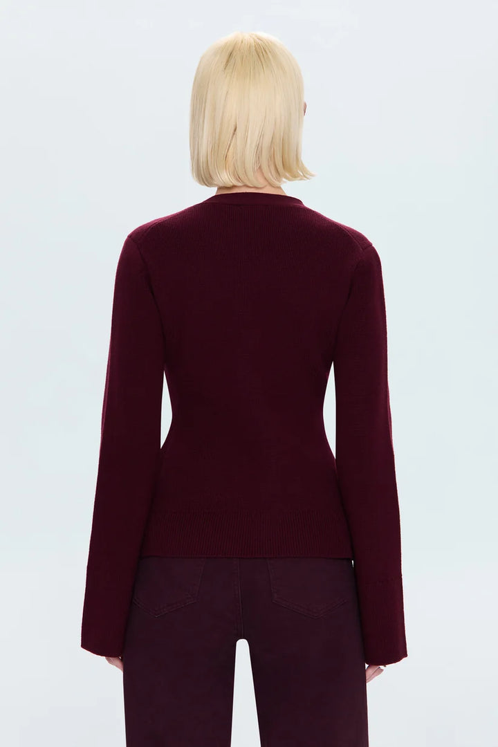 Pistola Aeron V-Neck Cardigan Sweater, back view, showing raglan sleeve seaming and fitted silhouette.