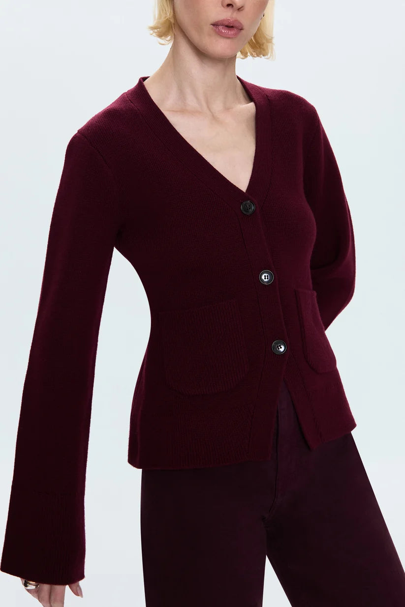 Pistola Aeron V-Neck Cardigan Sweater, detail view, close-up of V-neckline, button closures, and patch pocket construction.