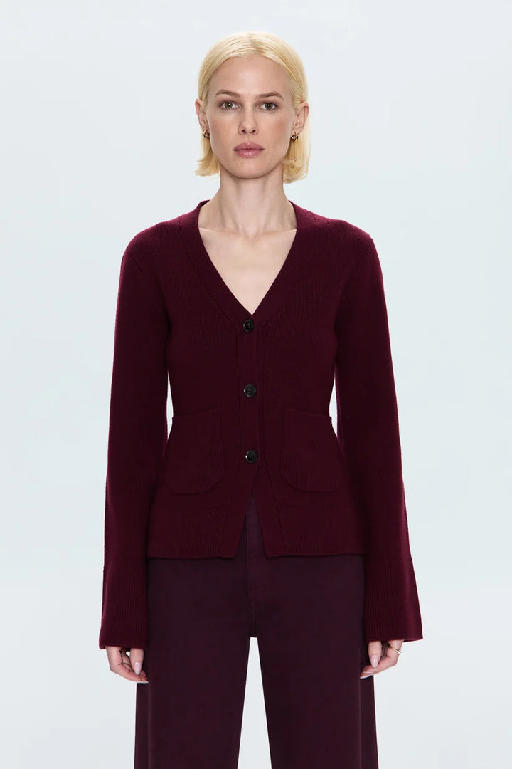 Pistola Aeron V-Neck Cardigan Sweater, front view, model wearing burgundy button-front cardigan with patch pockets over matching wide-leg pants.