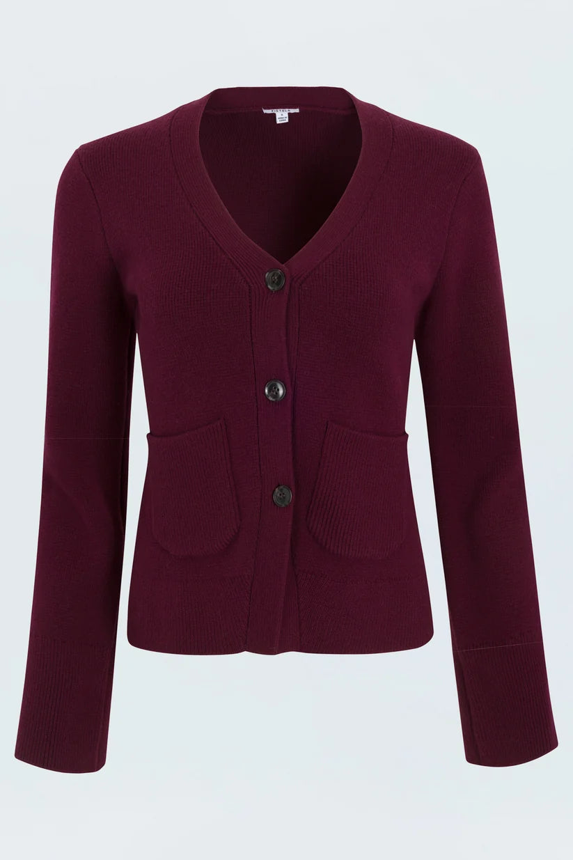 Pistola Aeron V-Neck Cardigan Sweater, ghost/flat lay view, full front showing V-neck, three-button placket, patch pockets, and ribbed cuffs and hem.