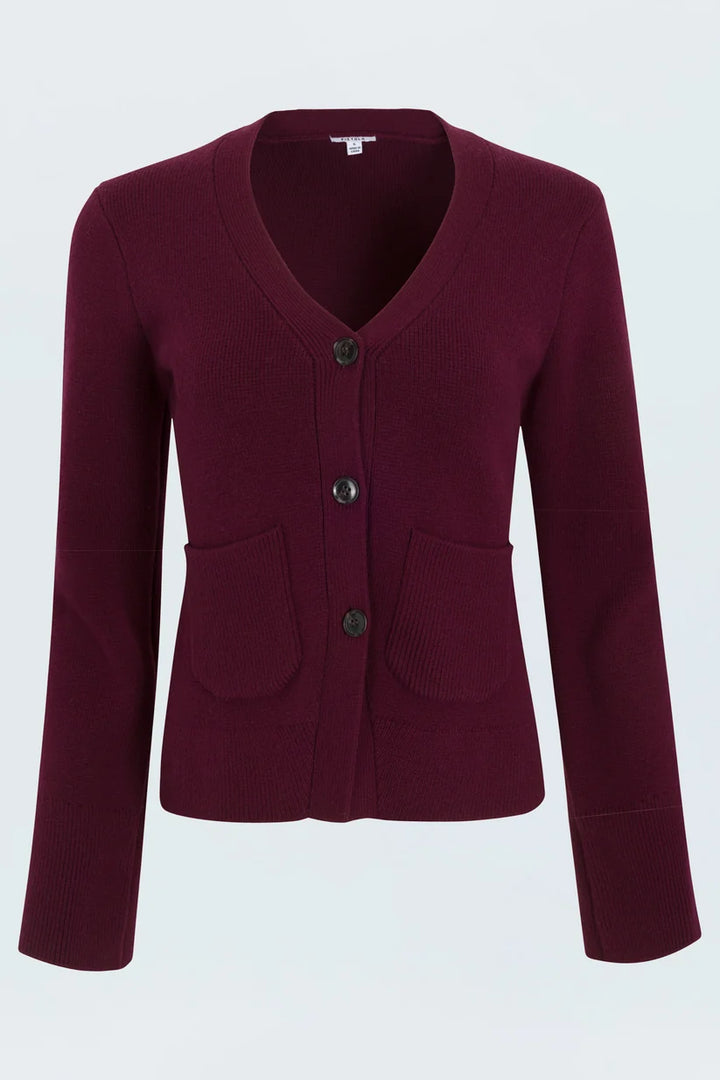 Pistola Aeron V-Neck Cardigan Sweater, ghost/flat lay view, full front showing V-neck, three-button placket, patch pockets, and ribbed cuffs and hem.