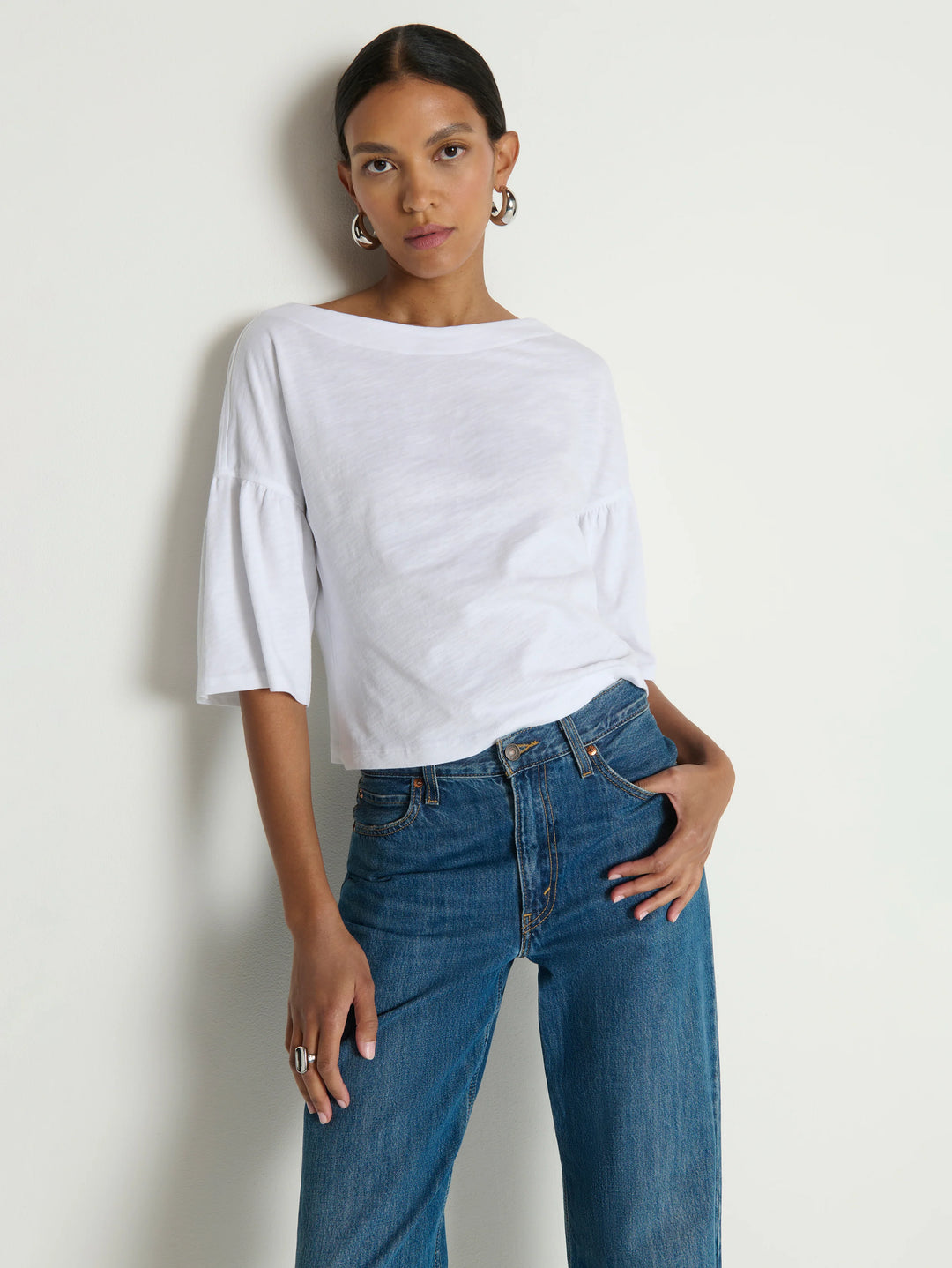 Nation Los Angeles Angeline Top in Optic White, cropped boxy fit with dropped shoulders and elbow-length sleeves