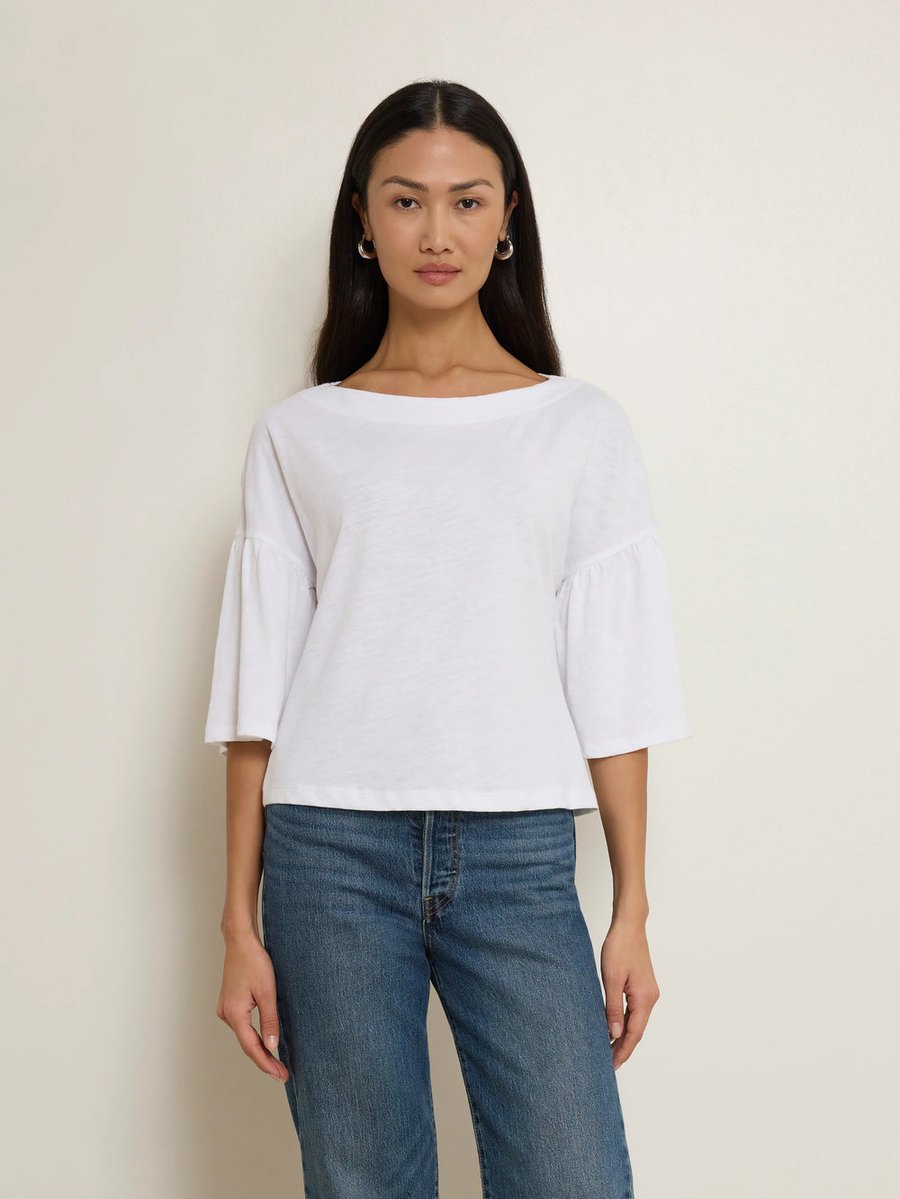 Nation Los Angeles Angeline Top in Optic White, cropped boxy fit with dropped shoulders and elbow-length sleeves