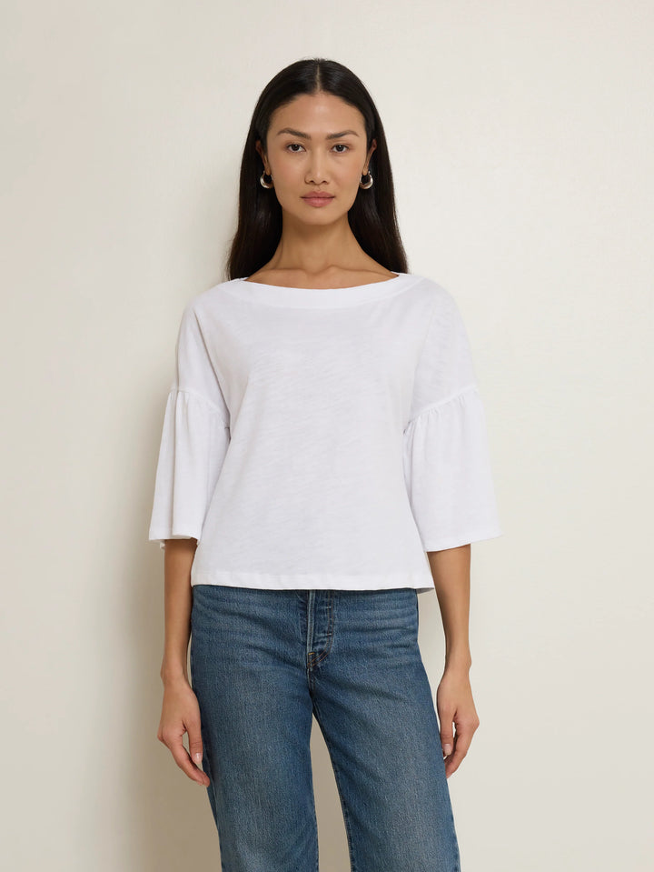 Nation Los Angeles Angeline Top in Optic White, cropped boxy fit with dropped shoulders and elbow-length sleeves