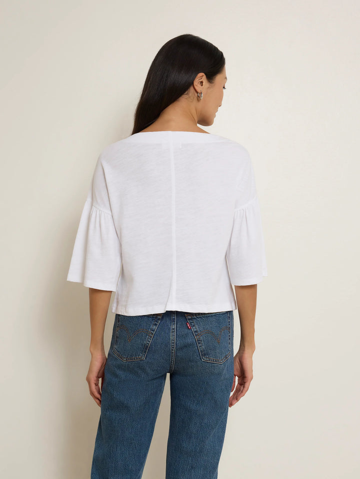 Back of Nation Los Angeles Angeline Top in Optic White, cropped boxy fit with dropped shoulders and elbow-length sleeves