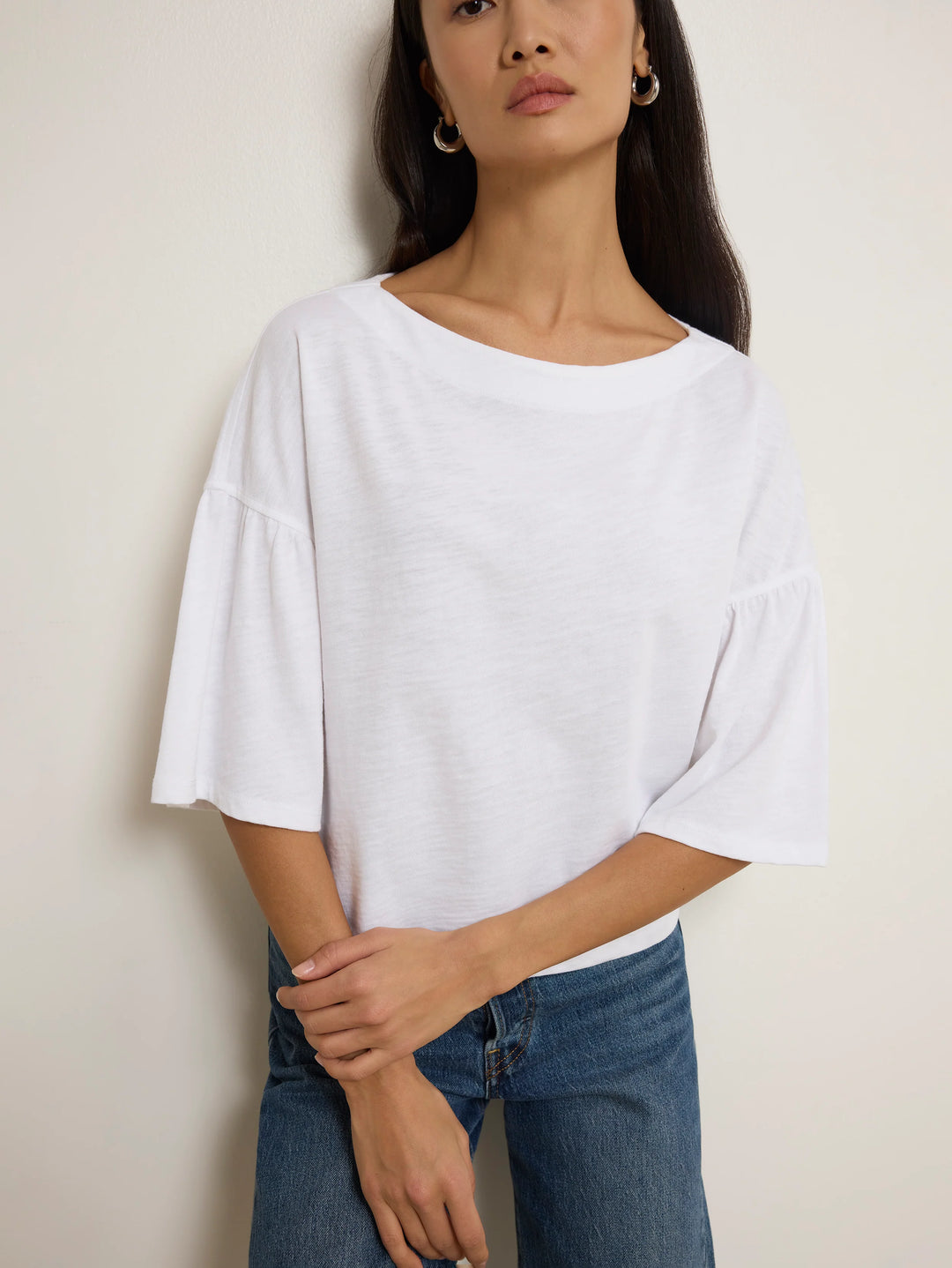 Nation Los Angeles Angeline Top in Optic White, cropped boxy fit with dropped shoulders and elbow-length sleeves