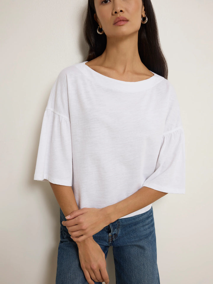 Nation Los Angeles Angeline Top in Optic White, cropped boxy fit with dropped shoulders and elbow-length sleeves