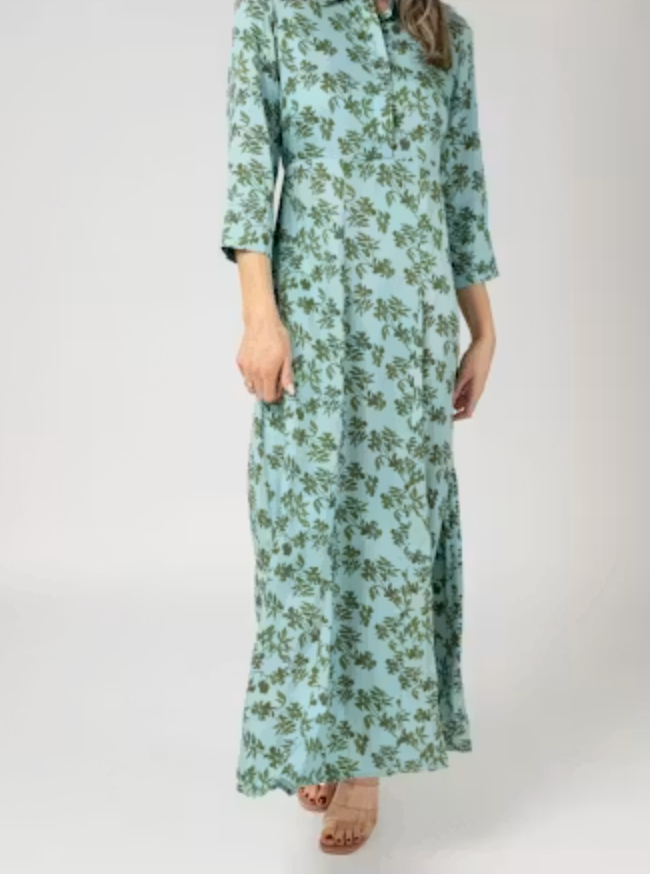 Front-facing torso view of the Beau &amp; Ro Alexa Dress in Blue Wiley Floral, showing the 3/4 sleeve and waist seaming.