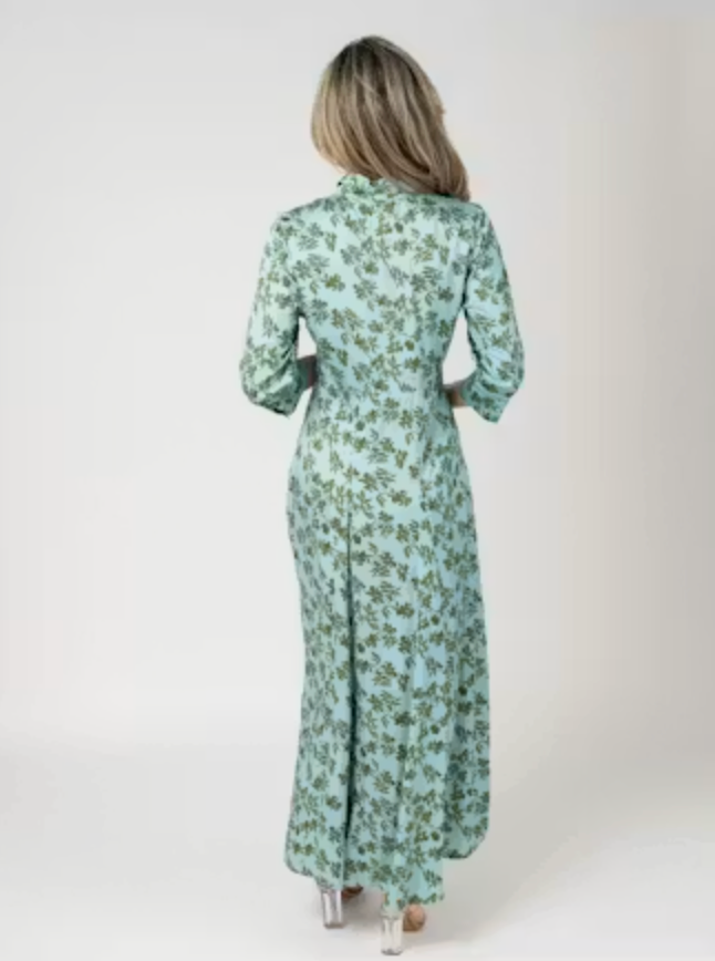 Beau &amp; Ro Alexa Dress in Blue Wiley Floral print, back view showing the point collar and flowing maxi-length silhouette against a neutral backdrop.