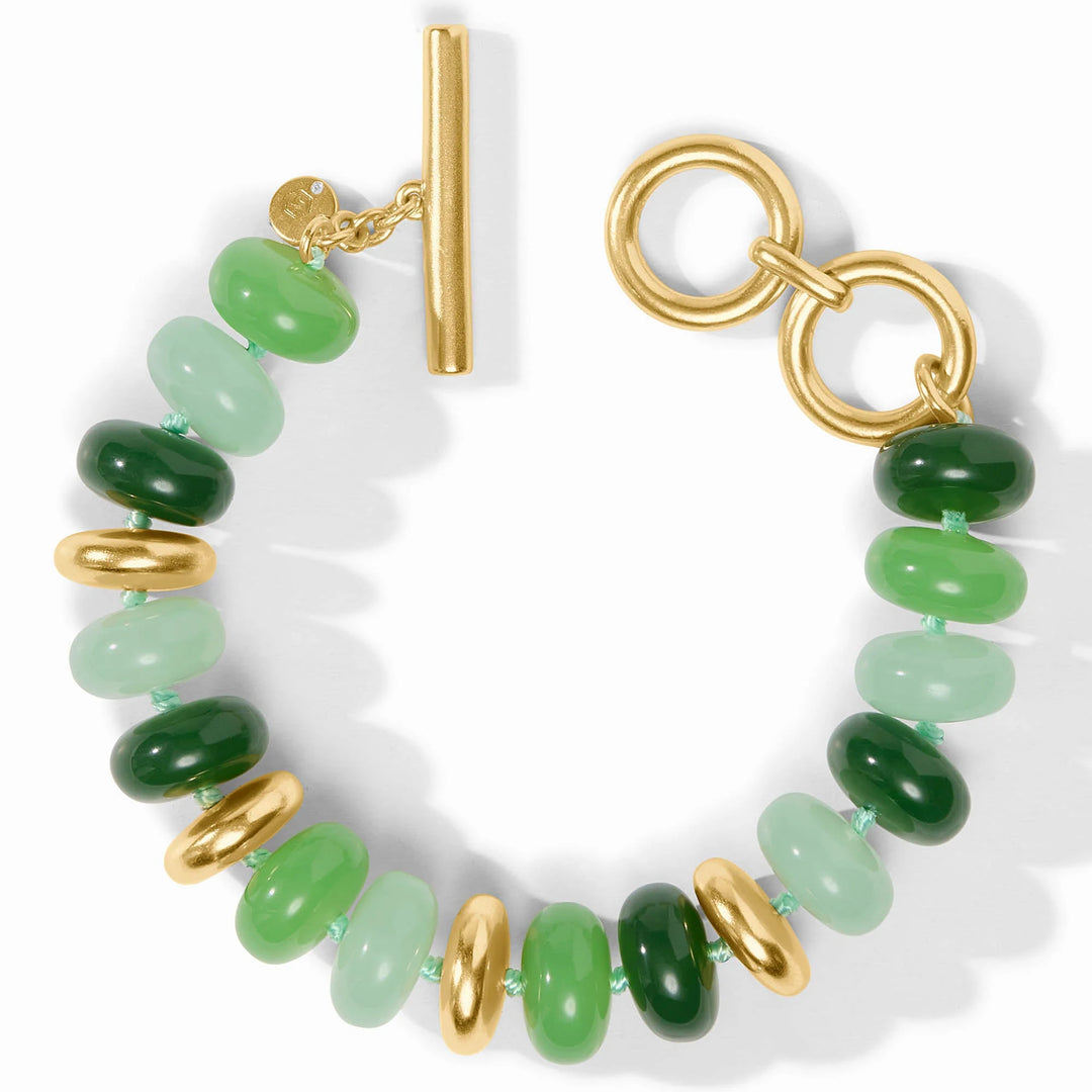 Close-up of Julie Vos Amalfi Statement Bracelet showing Green Apple Multi acetate detail, 24K gold plate finish, and toggle closure