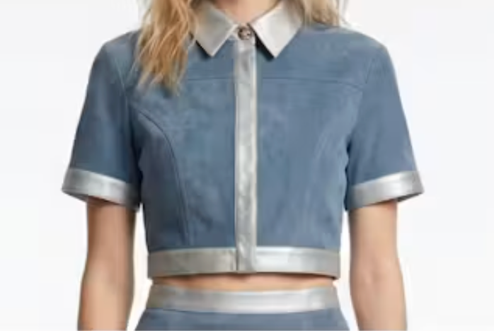 Anna Cate Boston Suede Top Light Blue – close front detail view on model, showing collar, button placket, and trim