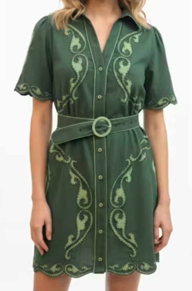 Anna Cate Poppy Dress Regal Scallop – front view on model, cropped at shoulders, belted