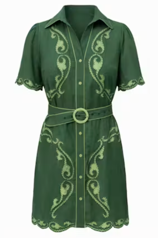 Anna Cate Poppy Dress Regal Scallop – flat/ghost front view, showing full embroidery placement and belt detail