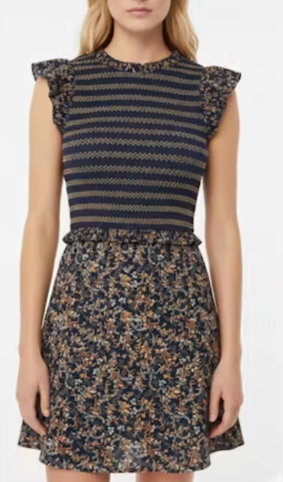 Anna Cate Reagan Dress Ditsy Floral – front view on model, cropped at shoulders, showing bodice and skirt detail