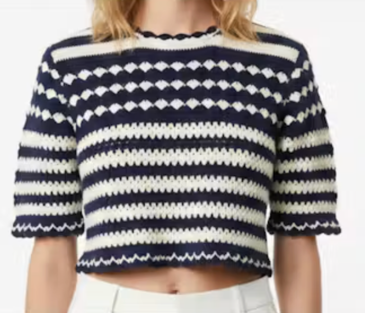Anna Cate Wales Knit Sweater – close front detail view on model, cropped at chin, showing crochet-knit pattern
