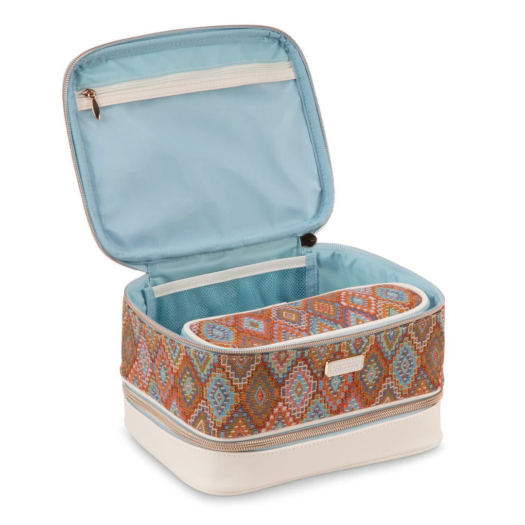 Interior detail view: Stephanie Johnson Jenny Train Case shown open, highlighting clear plastic-lined interior, mesh zip pocket in lid, and removable Bodrum Kilim pouch nested inside top compartment.
