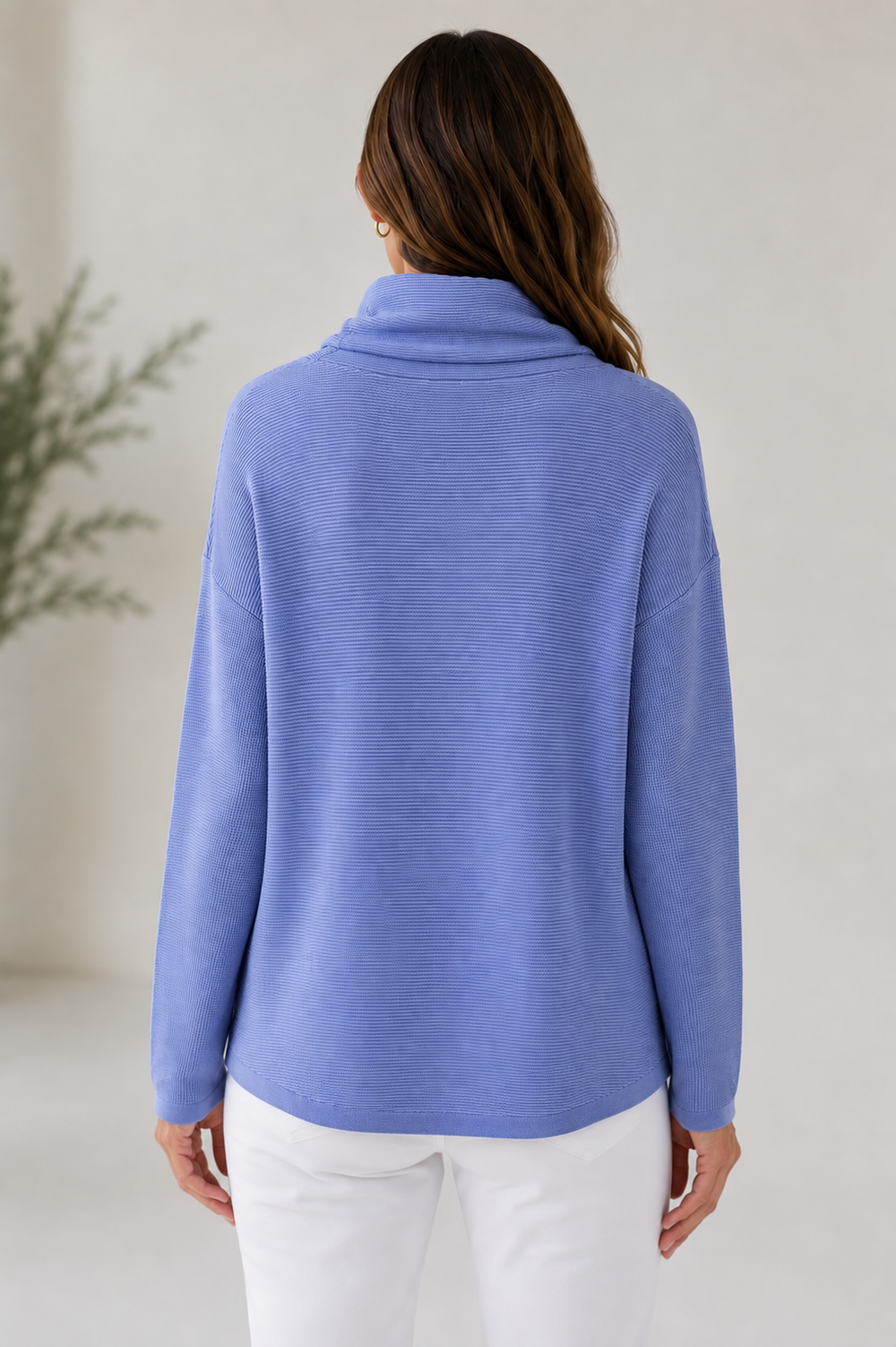 Elliott Lauren Iris Waffle Stitch Funnel Sweater — back view showing funnel neckline and relaxed silhouette
