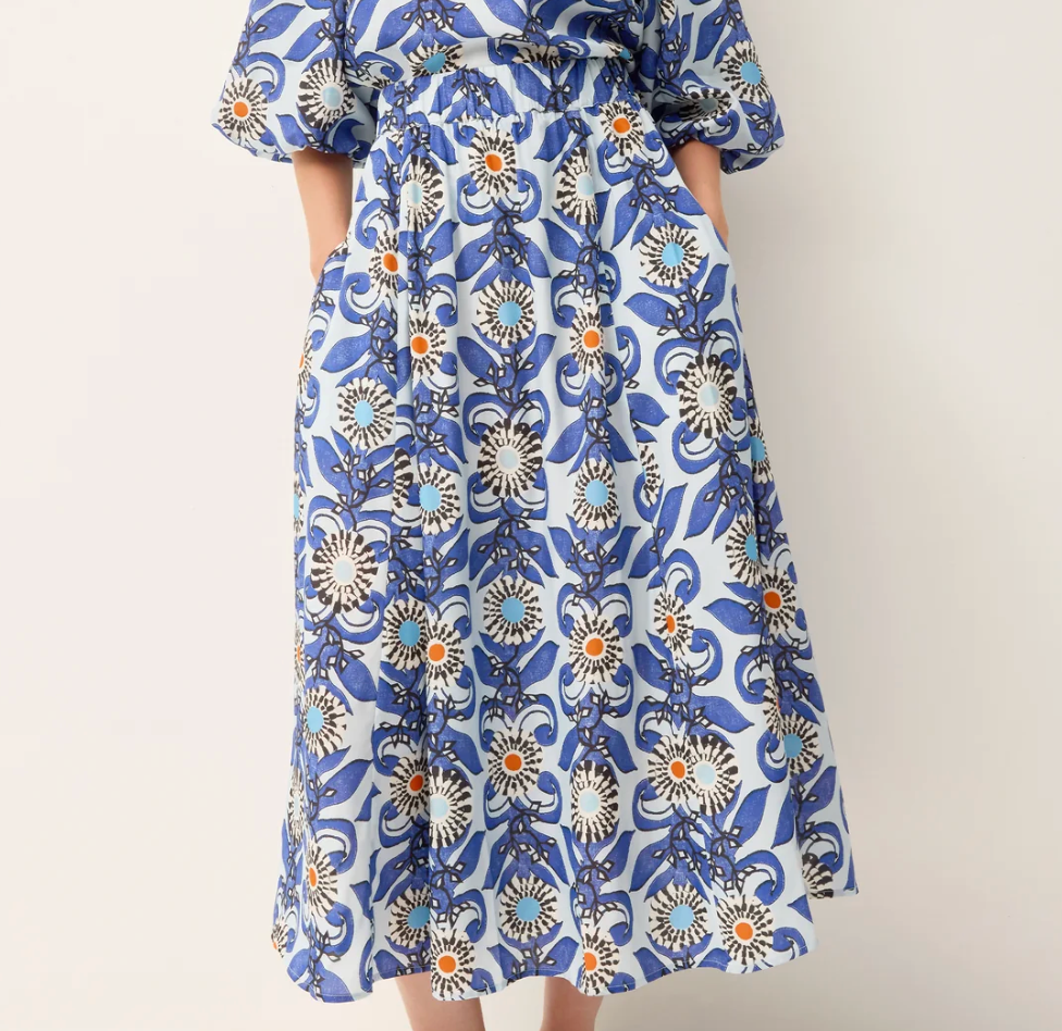 Blue floral patterned skirt on a plain background