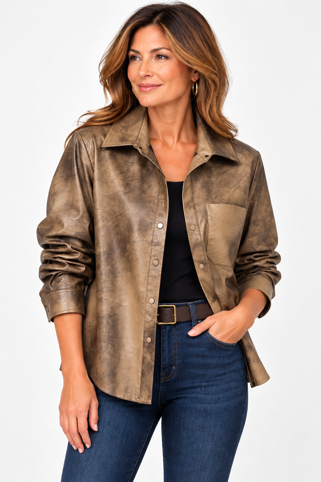Elliott Lauren Faux Leather Top in Breen, front view on model, worn open over a black tank with dark denim, showing point collar, metal snap placket, and chest patch pocket.