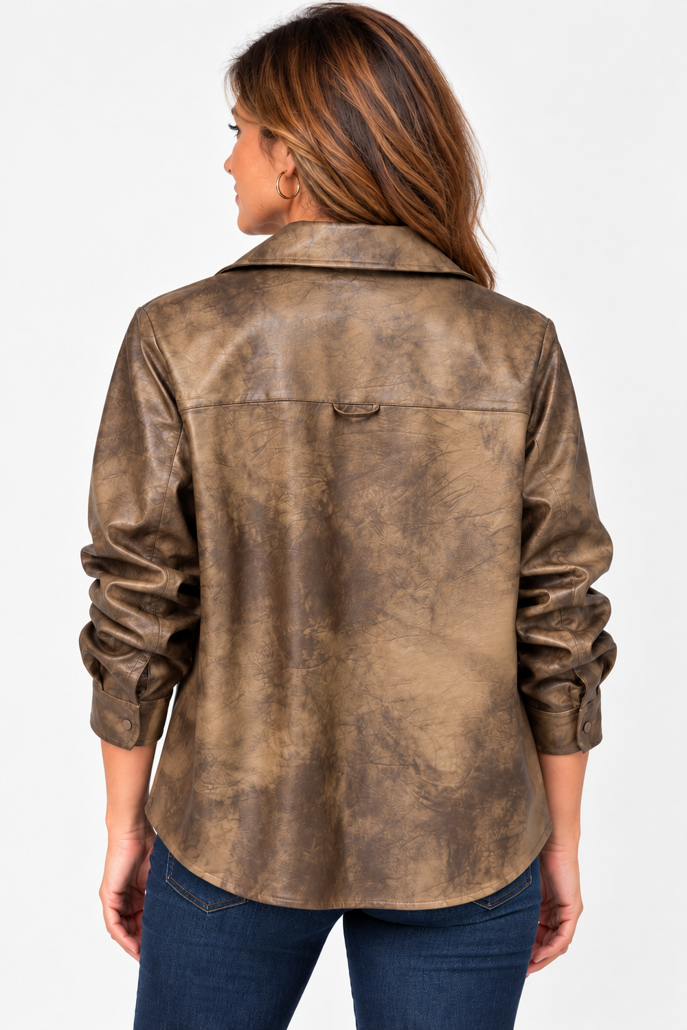 Elliott Lauren Faux Leather Top in Breen, back view on model, showing back yoke with locker loop, crackle-textured bronze finish, snap cuffs, and curved shirttail hem.