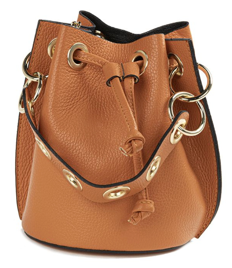 Brown leather bucket bag with gold accents on a white background