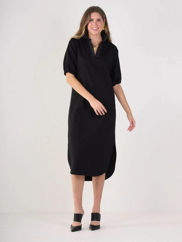 Emily McCarthy Poppy Caftan in black ponte with vegan leather tuxedo stripe and dolman sleeves.