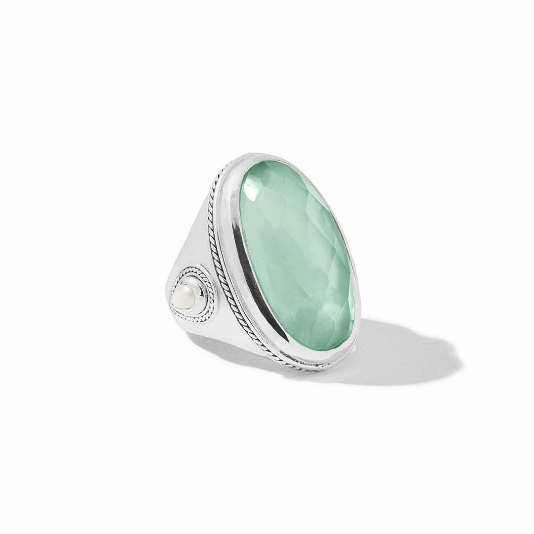 Julie Vos Cannes Statement Ring in silver plate with faceted aquamarine glass stone and shell pearl accent.