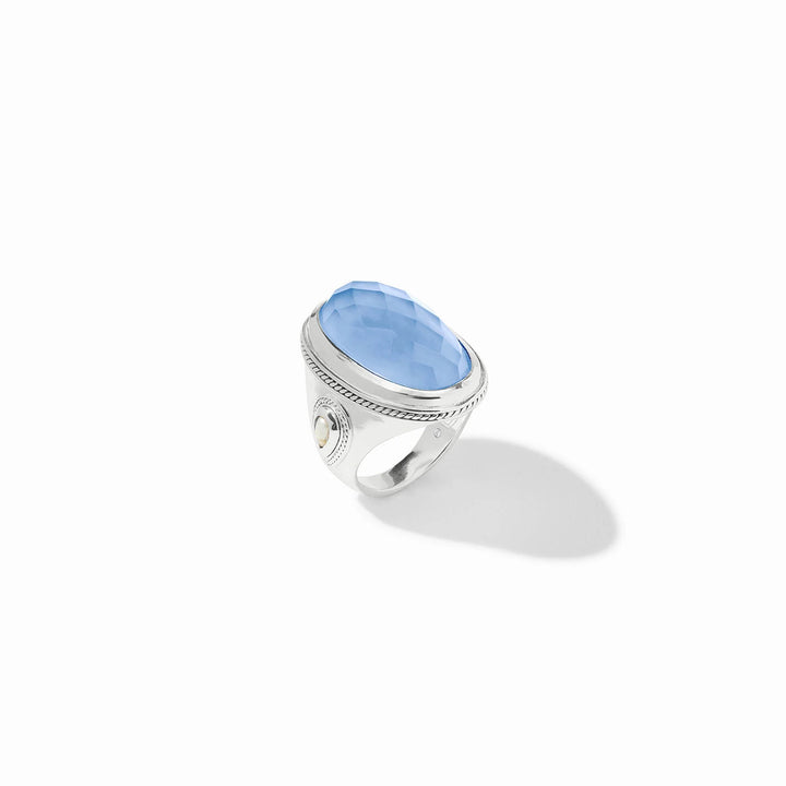 Julie Vos Cannes Statement Ring in silver plate with faceted blue glass stone and shell pearl accent.