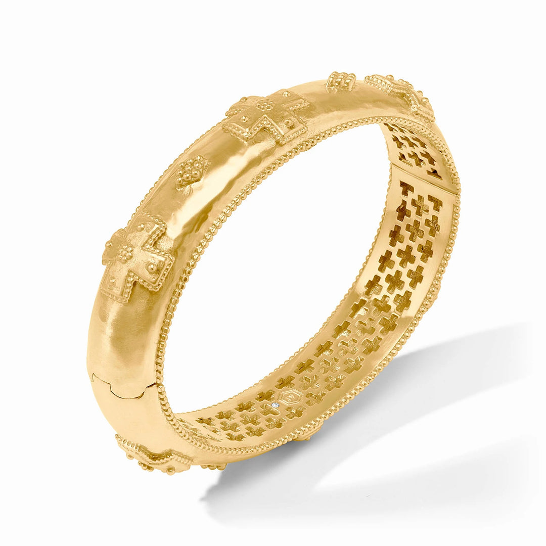 Julie Vos Canterbury Hinge Bangle in 24K gold plate — wide hammered band with cross motif and milgrain detail.