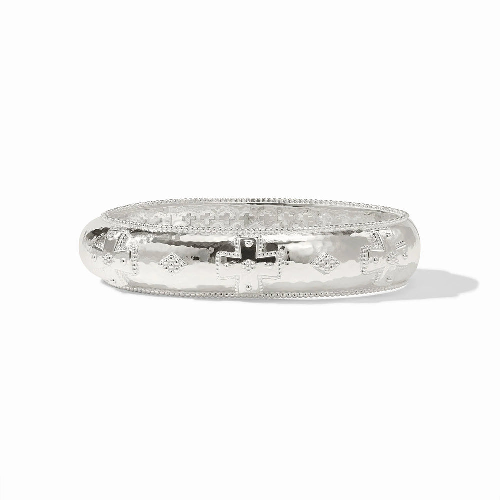Julie Vos Canterbury Hinge Bangle in silver plate — wide hammered band with cross motif and milgrain detail, shown standing upright on white background.