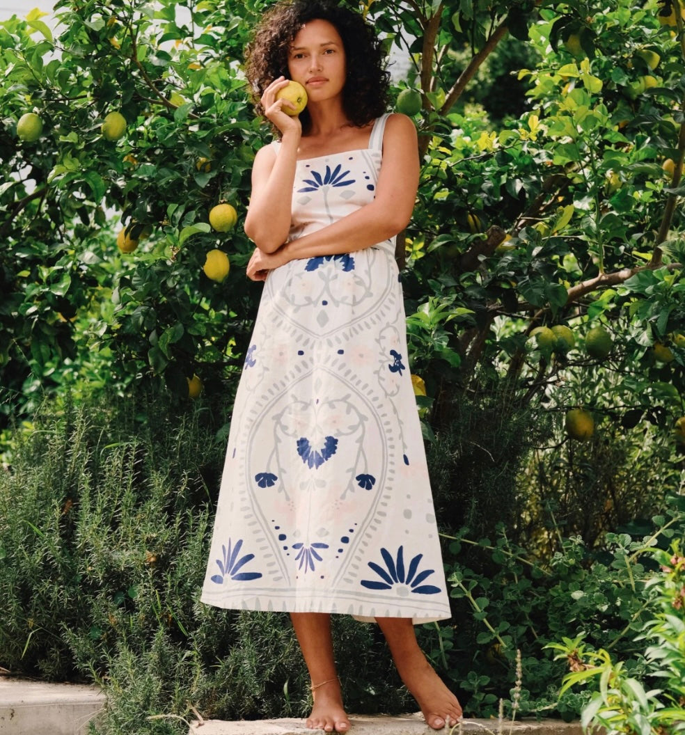 Cleobella Carmen Midi Dress in Liliana Blue Surf, square neck with wide straps and smocked back