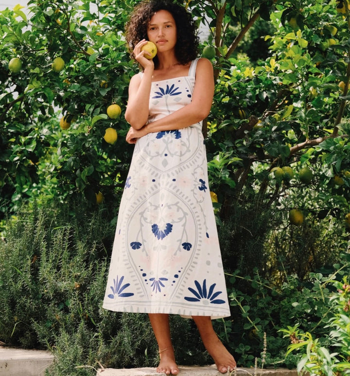 Cleobella Carmen Midi Dress in Liliana Blue Surf, square neck with wide straps and smocked back