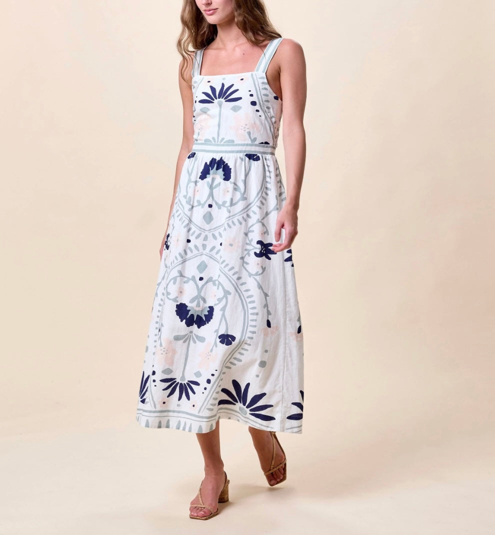 Cleobella Carmen Midi Dress in Liliana Blue Surf, square neck with wide straps and smocked back