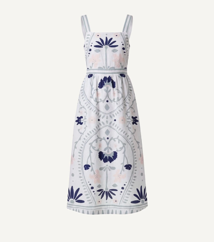 Cleobella Carmen Midi Dress in Liliana Blue Surf, square neck with wide straps and smocked back