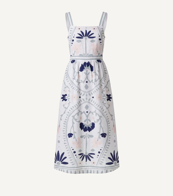 Cleobella Carmen Midi Dress in Liliana Blue Surf, square neck with wide straps and smocked back