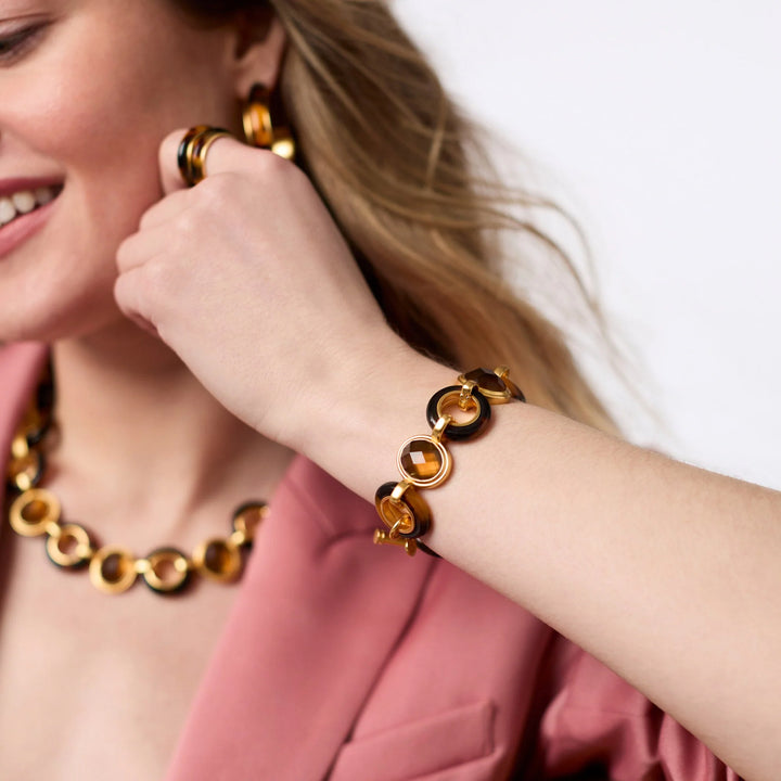 Julie Vos Carnaby Stone Bracelet in Tortoiseshell worn on wrist, resin and imported glass detail in 24K gold plate setting