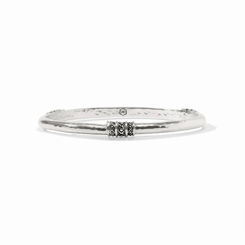 Julie Vos Catalina Bangle in silver plate, shown on wrist — slim hammered band with bead-in-diamond detail.