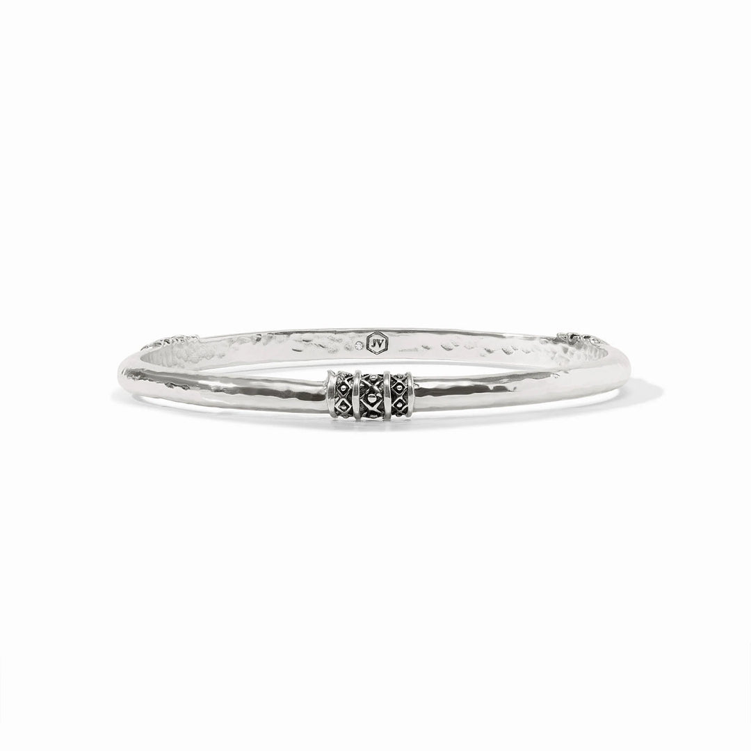 Julie Vos Catalina Bangle in silver plate, shown on wrist — slim hammered band with bead-in-diamond detail.