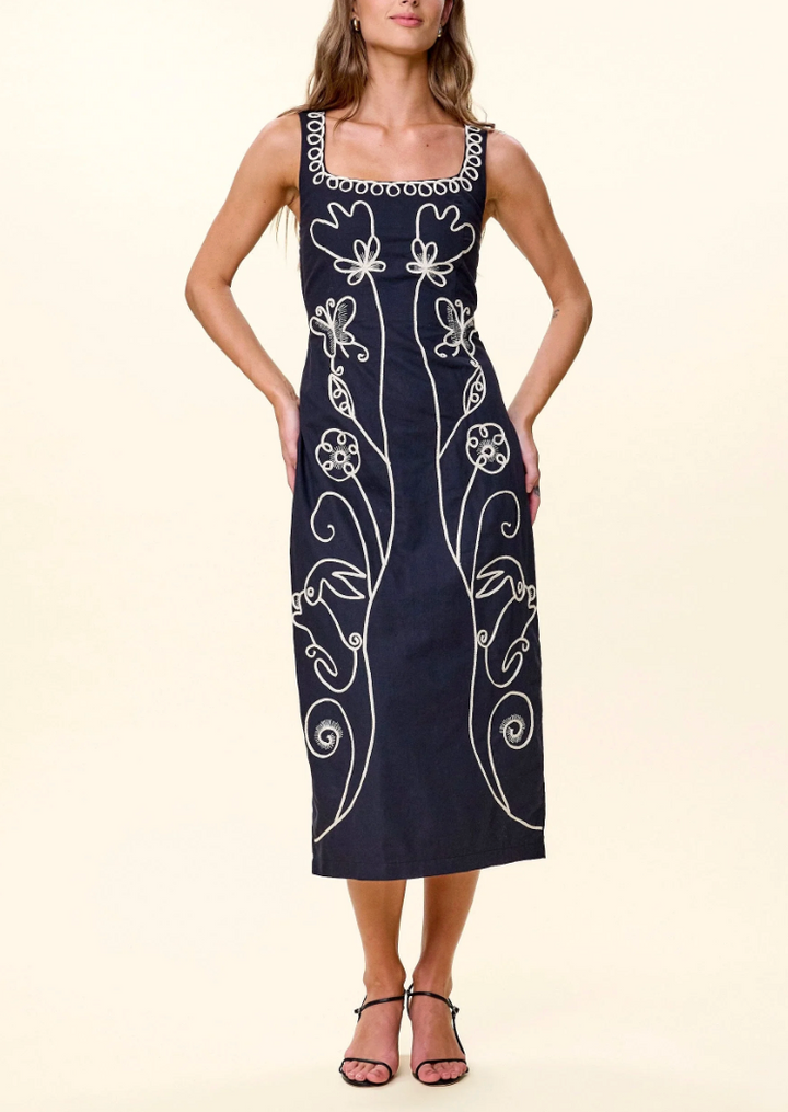 Cleobella Ruxandra Midi Dress in Black — front view on model, hands at hips